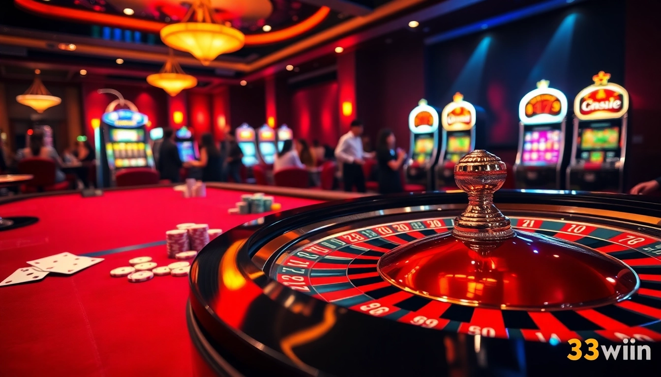 Experience the thrill of gambling with 33win at a bustling casino table, showcasing vibrant chips and cards.