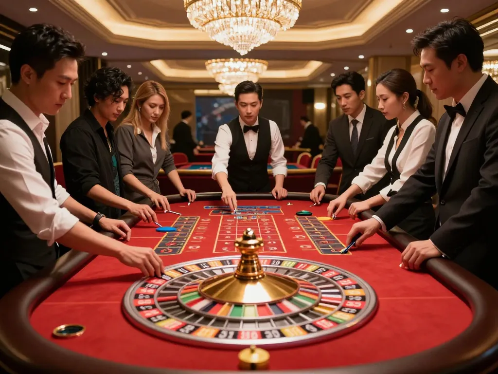 Players placing bets at the luxurious roulette table in TV88 casino.