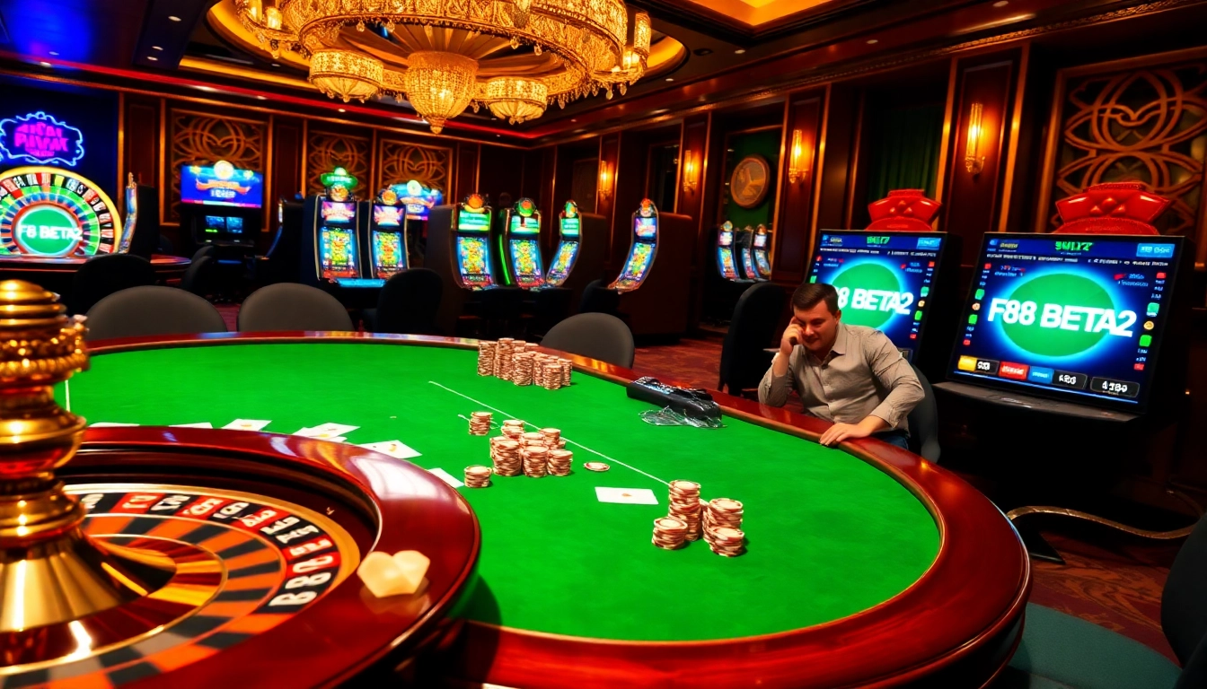 Players enjoying a high-stakes game at an F8BETA2 casino table surrounded by vibrant slot machines.
