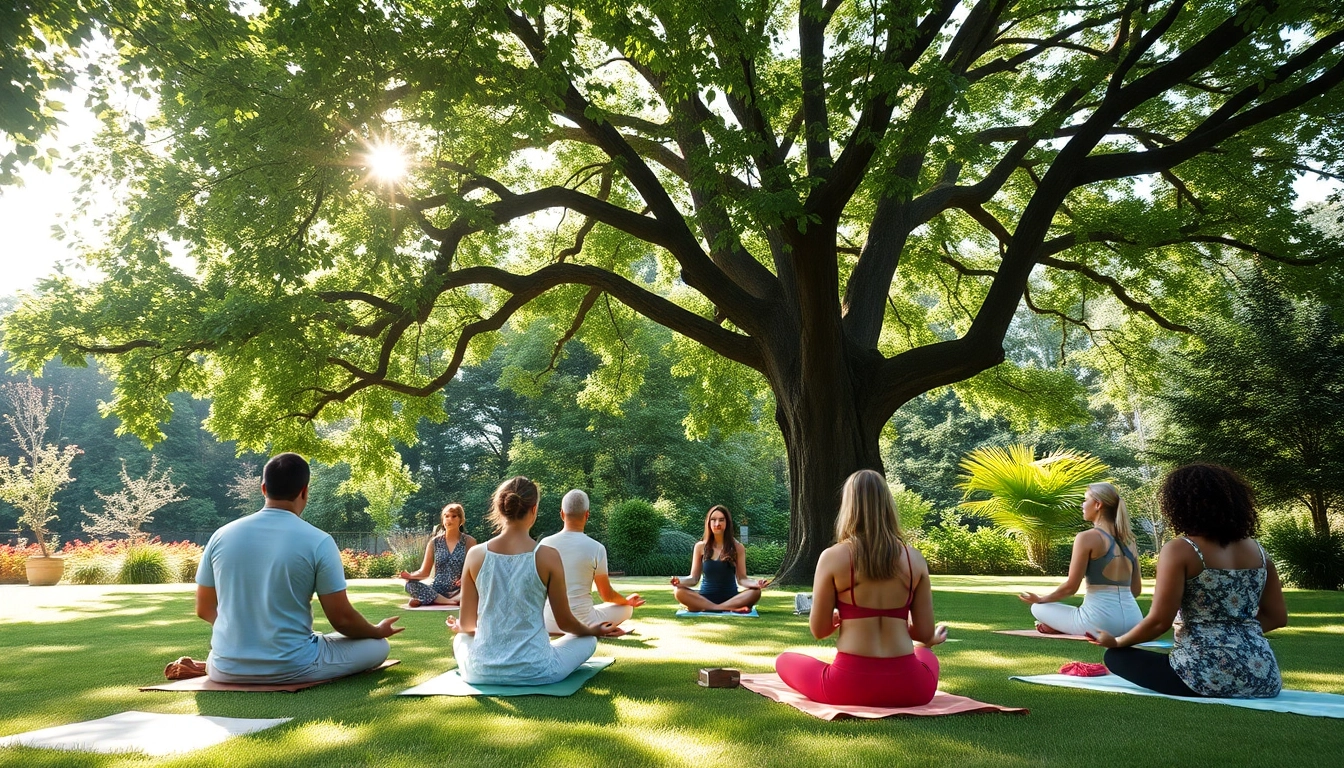 Capturing emotional wellbeing, a diverse group practices mindfulness in a tranquil garden.