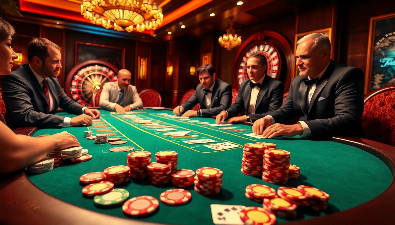 Players enjoying a thrilling poker game at SC88 casino, with vibrant chips and cards.