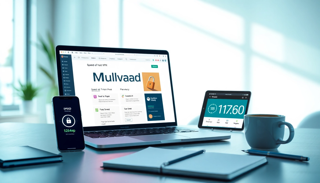 Mullvad VPN interface displayed on a laptop with fast speed indicators, symbolizing privacy and security.