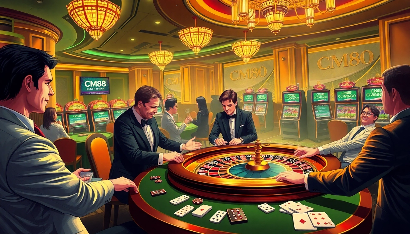 Experience the excitement of CM88 nhà cái with players enjoying roulette and diverse games in a lavish casino setting.